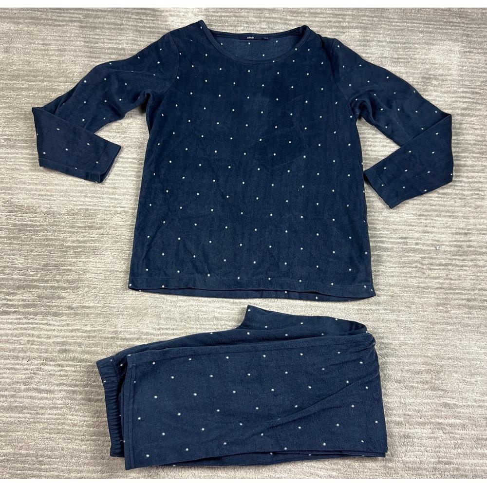 Kiabi Pajama Set Womens L Navy Blue Polka Dot Fleece Long Sleeve Loungewear 2pc